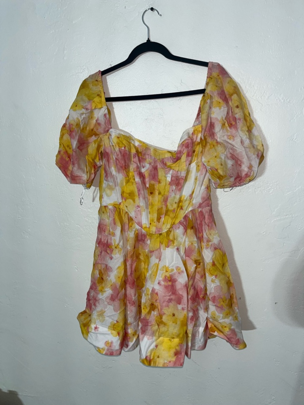 New BARDOT Kiah Floral Print Boned Corset Puff Sleeve Minidress In Pink Yellow L - Picture 16 of 16